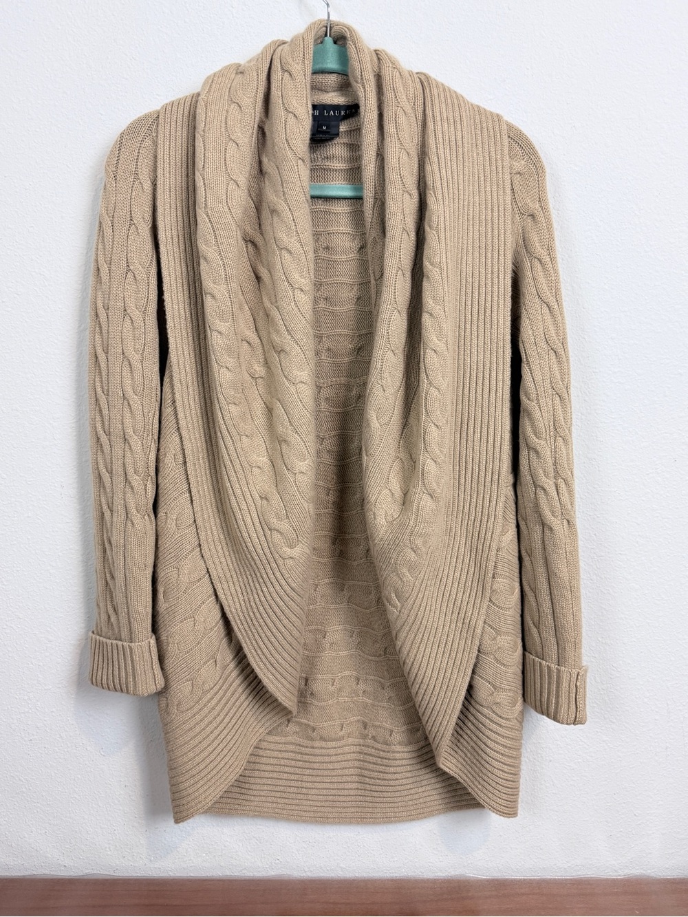 Ralph Lauren Black Label Tan Cashmere Cable-Knit Shawl Cardigan M
